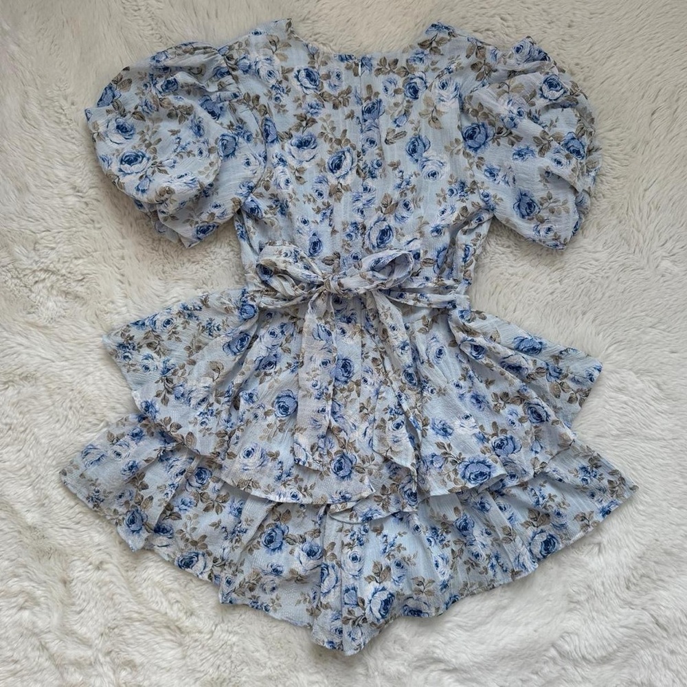 Altar’d State Baby Blue Floral Puff Sleeve Romper - Picture 2 of 5